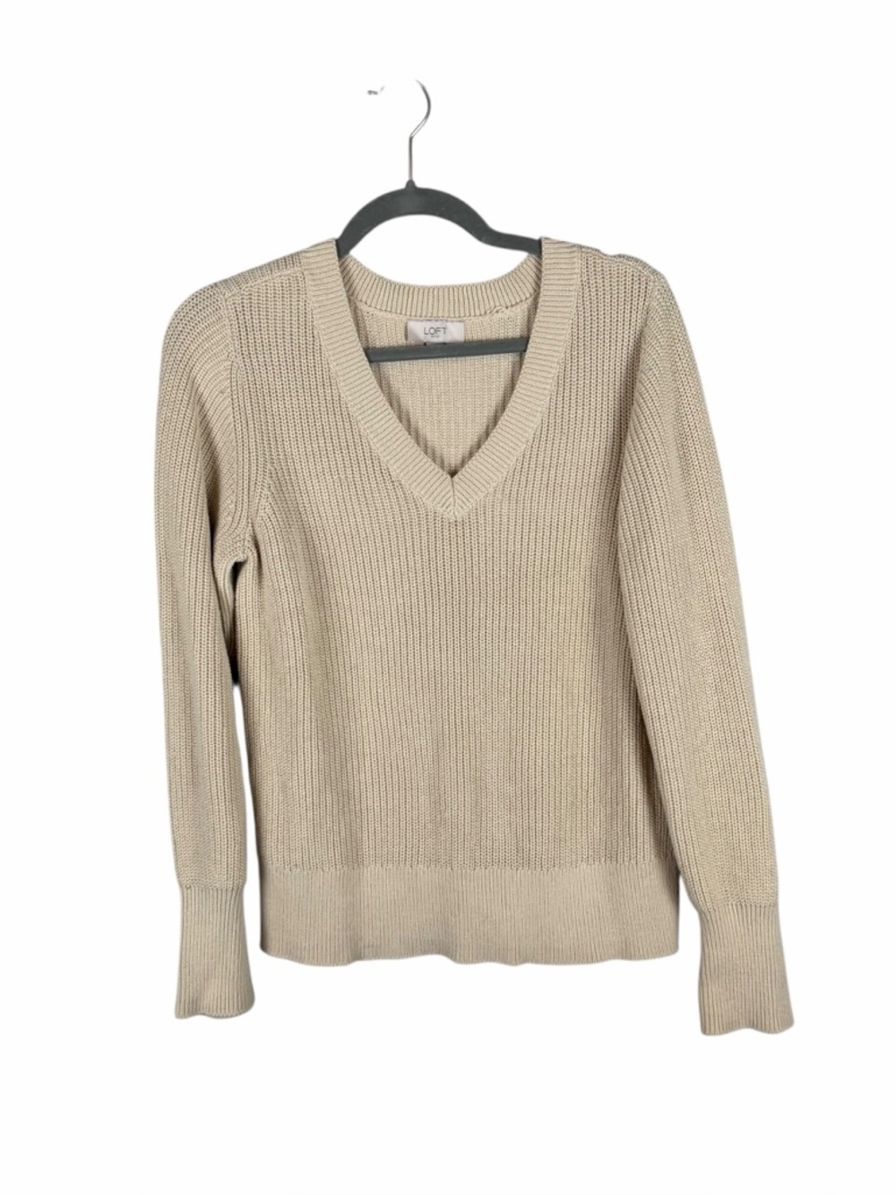 LOFT Beige Cotton V-Neck Knit Sweater Size M